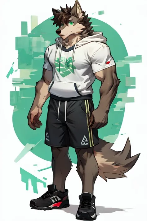 Furry, anthropomorphic wolf, Russet brown fur, dark brown hair, dark green eyes, 61 and 173 lbs, 41" Chest, 19" Shoulders, 13" Biceps, 32" waist, 23" Thighs, 15" Calves, 19" Back, twink, lime green hoody, gray-green T-shirt, gray-ish green sweat shorts, we...