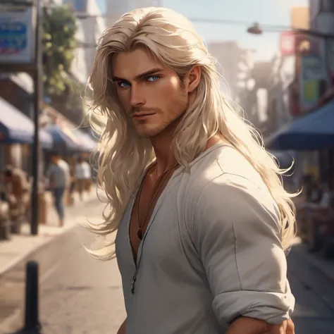 a tall, handsome, stately, masculine majestic man, he has long straight silver-platinum hair, gray-blue eyes, athletic build, he...