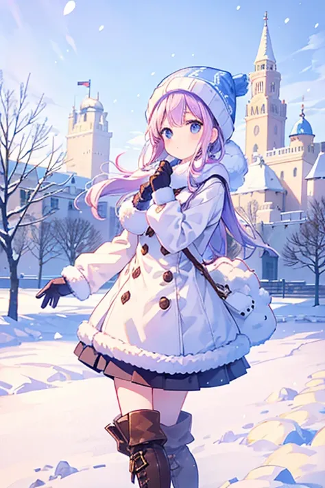 A little  takes a commemorative photo with the heavy snow castle in the background at the snow festival venue.、knit hat、cute boots、wool gloves、cute pose