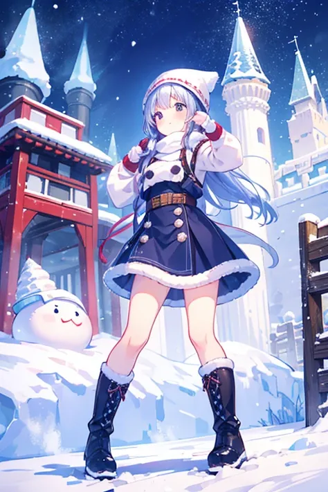 A little  takes a commemorative photo with the heavy snow castle in the background at the snow festival venue.、knit hat、cute boots、wool gloves、cute pose