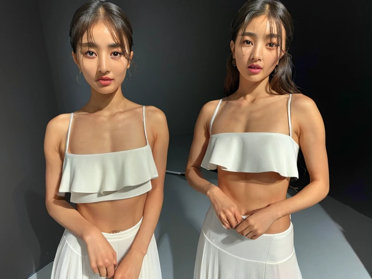 best quality, 4k, 8k, ultra highres, raw photo in hdr, sharp focus, intricate texture, skin imperfections, photograph a photo of jihyolorashy woman and her identical twin perfect body perfect face