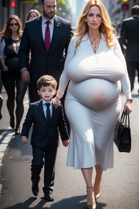 A 30 years old CEO, walking in the city with a little boy, ((little boy holding her hand)), smiling to the little boy, the CEO has a face like Julia Roberts, wearing a light grey business blouse, very long business skirt, high heels, ((huge saggy breast)),...