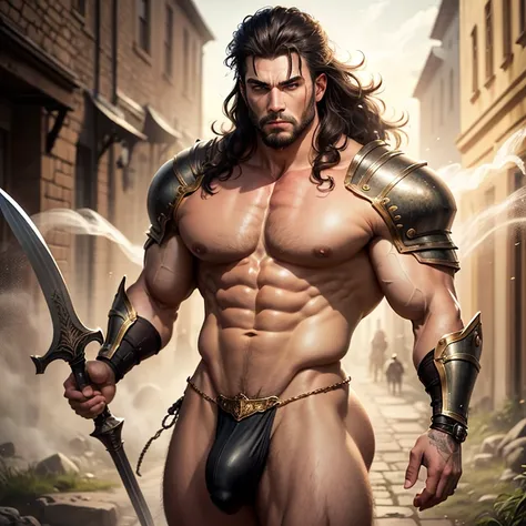 warrior man with big sword, muscular man of micro loincloth with bulge, sword in hand, upward bulge in micro loincloth, city background, bright and gleaming sword, quality image, best quality, in attack position, realistic details, magic particles, whole b...