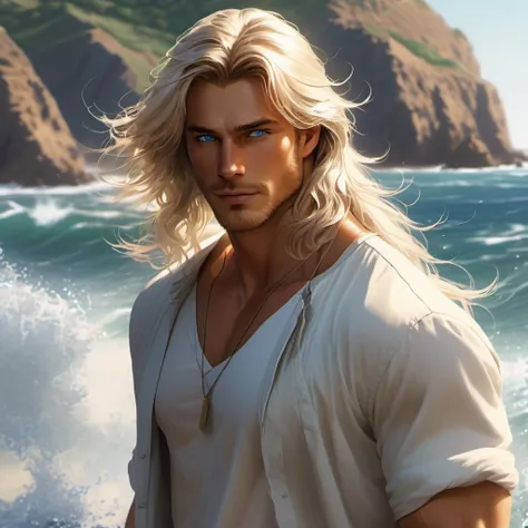 A tall, handsome, stately, masculine majestic man, he has long straight silver-platinum hair, gray-blue eyes, athletic build, he is dressed in light jeans and a white T-shirt. He walks barefoot along an empty ocean beach, next to him holding his hand, ther...