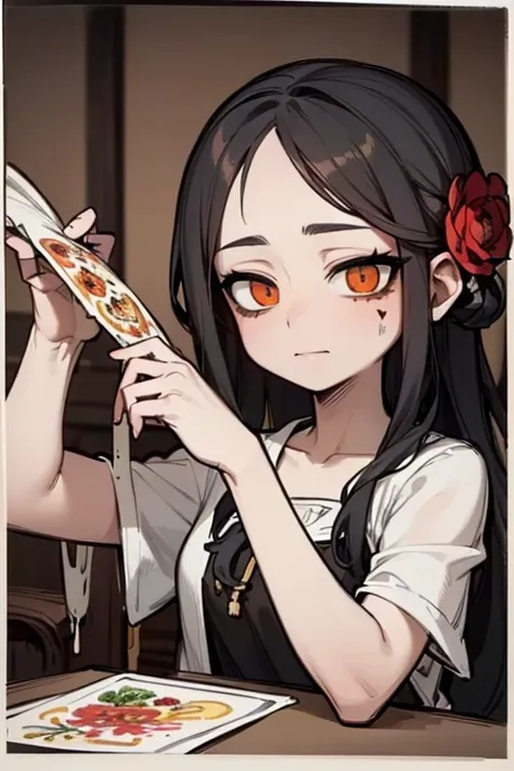  highest quality, High resolution, Female Upper Body, detailed , 手のdetailed, 指のdetailed, 面のdetailed, 脚のdetailed, watercolor painting, at the cemetery, black hair, long hair, tattered clothes, black eye, zombie, 頭蓋Bone, Bone, (art nouveau:1.25), detailed an...