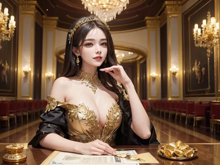 ((best quality)), ((masterpiece)), (detailed), winning the lotto, the rich, successful happy face, fancy dress, spacious house, Gold and precious stones, Bundle of money, Super beautiful woman, full of dollars, 