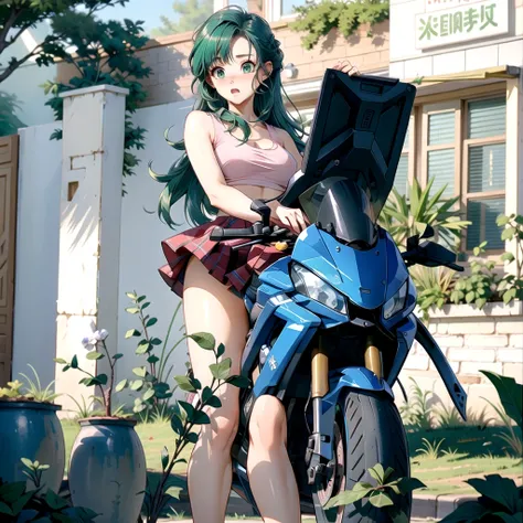 girl、(((one person)))、green eyes、green hair、long hair、mini skirt、Tank top、D cup bust、background blur、line of sight、blush、motorcycle、Vast wilderness、the way、Angle from below