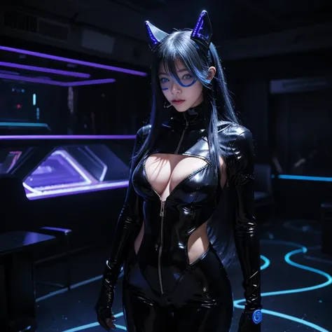 In a futuristic cyber city、On the dance floor of a club lit up with colorful laser lights、In a futuristic black bodysuit decorated with blue LEDs、Venetian mask on eyes、A woman with long white hair、put a cigarette in your mouth、Are standing