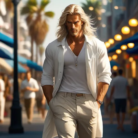 A tall, handsome, stately, masculine majestic man, he has long straight silver-platinum hair, gray-blue eyes, athletic build, he is dressed in light jeans and a white T-shirt. He walks barefoot along an empty ocean beach, next to him holding his hand, ther...