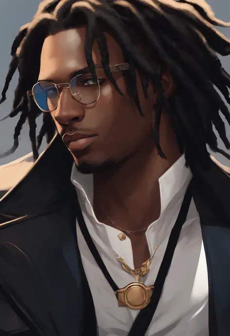 Dark skinned young man with blue eyes and a black jacket, black dreadlocks, dreadlock style hair, stubble beard, wearing black nerd glasses in an anime style, colored sketch, unrealistic character concept, character concept portrait of me, detailed charact...