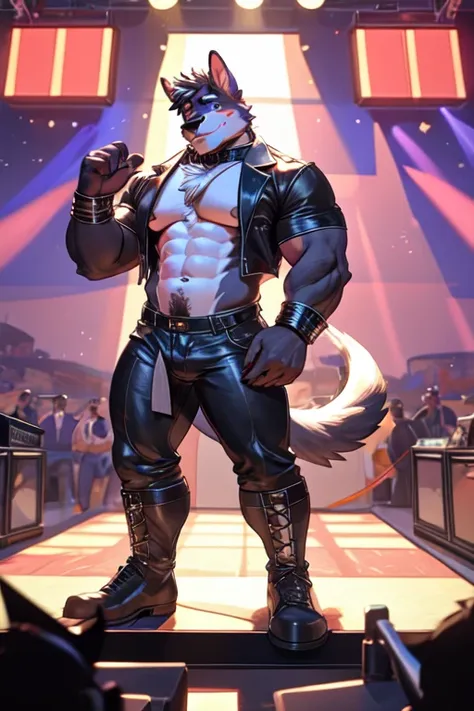 Bara Furries anthropomorphic animals, On a stage, doors, international Mr. Leather contest, coastal beach town setting, leather daddies