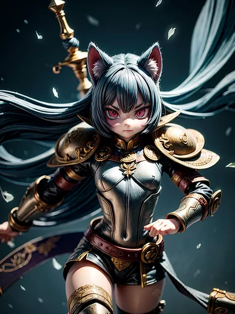 (best quality,4k,8k,highres,masterpiece:1.2),ultra-detailed,realistic,photorealistic:1.37,portrait,colorful,studio lighting,cat knight,medieval,armor,sharp focus,vivid colors,fiery eyes,determined expression,confident pose,lush green background,strong shad...