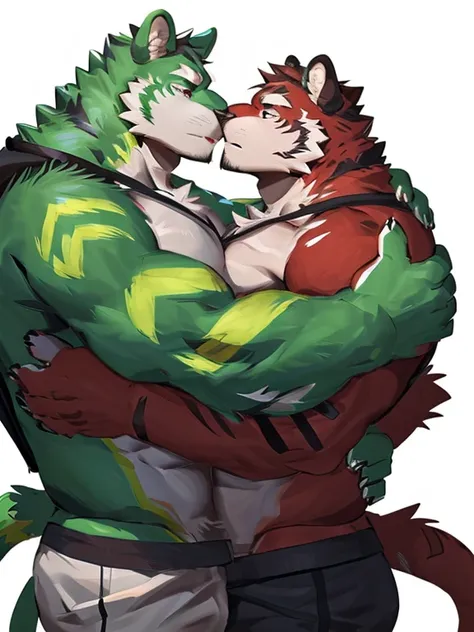 two muscular tiger , furry chest, muscular green tiger hug muscular tiger back, muscular green tiger stand behind, hug from behind, white background, perfect hand, perfect antomy, thick furry neck and chest fluff, handhold cup of coffee, kiss, hand into jo...