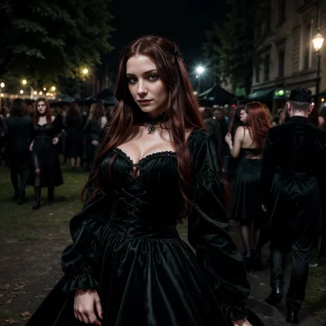 1 woman, European face, European eyes, pretty face, 30 years old, age 30, red long hair, green eyes, Gothic style, wearing a black velvet dress, ultra detailed face, hyperrealistic, realistic depiction, full body view, Gothic style, dancing at a gothic fes...