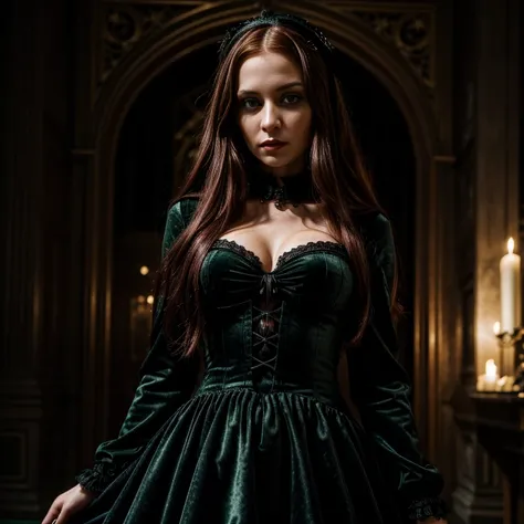 1 woman, European face, European eyes, pretty face, 30 years old, age 30, red long hair, green eyes, Gothic style, wearing a black velvet dress, ultra detailed face, hyperrealistic, realistic depiction, full body view, Gothic style, dancing at a gothic fes...