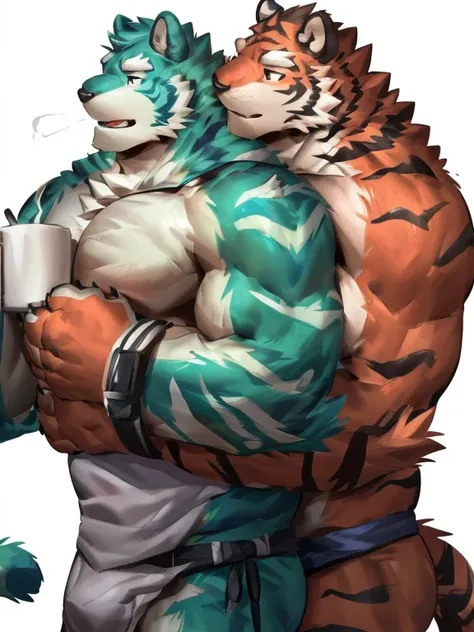 two muscular tiger , furry chest, muscular green tiger hug muscular tiger back, muscular green tiger stand behind, hug from behind, white background, perfect hand, perfect antomy, thick furry neck and chest fluff, handhold cup of coffee, kiss, hand into jo...