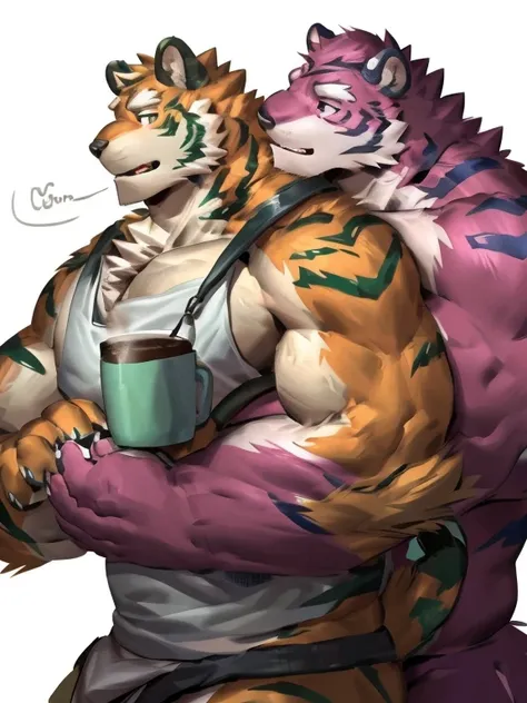 two muscular tiger , furry chest, muscular green tiger hug muscular tiger back, muscular green tiger stand behind, hug from behind, white background, perfect hand, perfect antomy, thick furry neck and chest fluff, handhold cup of coffee, kiss, hand into jo...