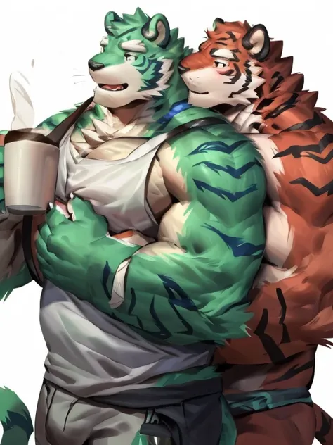 two muscular tiger , furry chest, muscular green tiger hug muscular tiger back, muscular green tiger stand behind, hug from behind, white background, perfect hand, perfect antomy, thick furry neck and chest fluff, handhold cup of coffee, kiss, hand into jo...