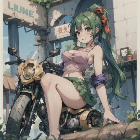 girl、(((one person)))、green eyes、green hair、Red ribbon and ponytail hair、black mini skirt、riders jacket、Tank top、D cup bust、background blur、line of sight、blush、smile、motorcycle、straddle、wide angle lens、Angle from below