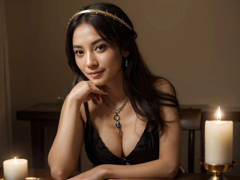 top quality, masterpiece, high resolution, 1 woman, 35 years old, Japanese, Western-style fortune teller costume, headdress, necklace, bijouterie, beautiful face, calm smile, ...to_body, Tyndall effect, realistic, Divination room, candles on the table, tar...