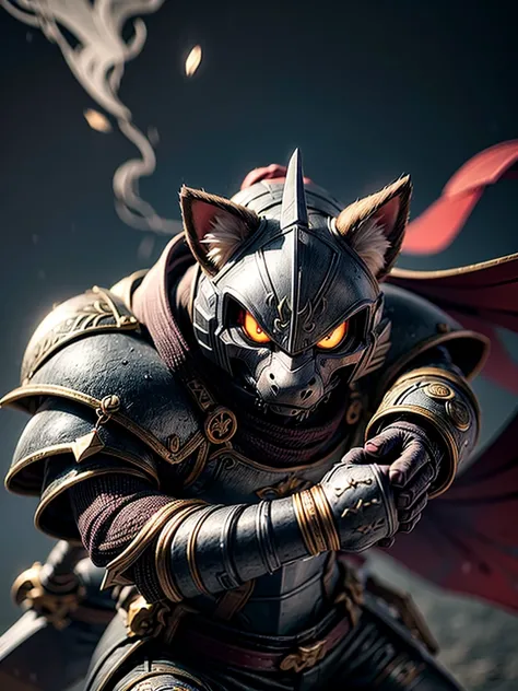 best quality, ultra-detailed, realistic, (portrait,warrior,knight:1.2),cat warrior with shining armor is fighting a dog warrior, intense gaze, fierce expression, muscular physique, heroic pose, dramatic lighting, menacing sword, intricate details on the ar...