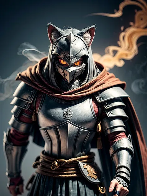 best quality, ultra-detailed, realistic, (portrait,warrior,knight:1.2),cat warrior with shining armor is fighting a dog warrior, intense gaze, fierce expression, muscular physique, heroic pose, dramatic lighting, menacing sword, intricate details on the ar...