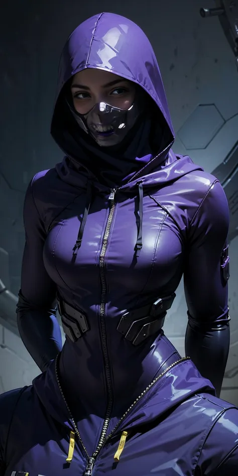 tali, 1girl, solo, hood, purple bodysuit, mask, (helmet, faceless), hood up, alien