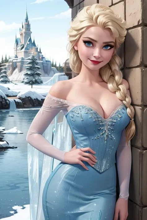 (masterpiece, best quality:1.2), elsa, 1girl, solo, looking at viewer, blue dress, from frozen, cleavage, long white hair, blue ...