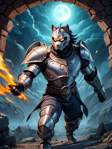 A cat knight engaged in a fierce battle against a dog knight, under the moonlight. The cat knights armor sparkles with silver reflections, reflecting the soft moonlight. The knights eyes glow with determination and intelligence, clearly visible through the...