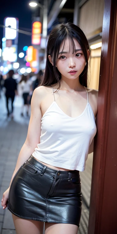 1 girl, tokyo street,night, cityscape,city lights,whole body 1.4,close,smile,, (8K, Raw photo, highest quality, masterpiece:1.2),(realistic, photo-realistic:1.37),white camisole,mini skirt,