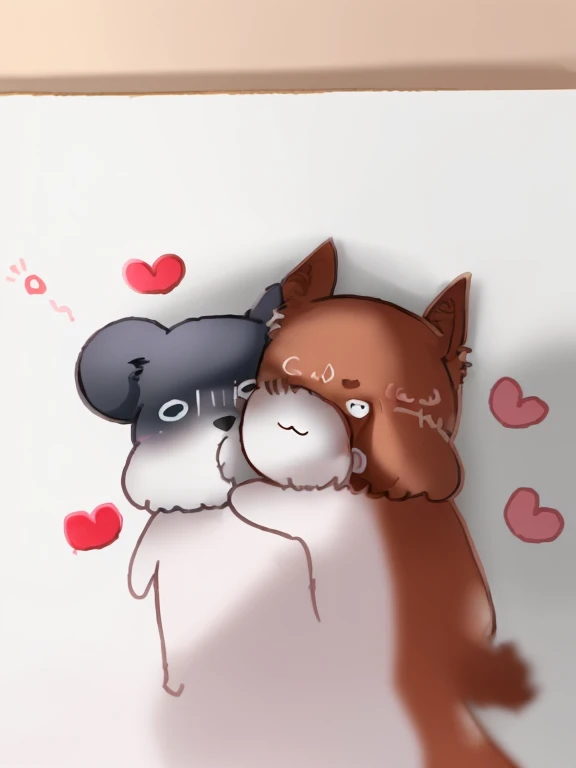 theRe is a dRawing of a dog hug a cat with heaRts, (inktobeR), they aRe in love, fuRRaffinity, ah, cute dRawing, hug each otheR, kissing togetheR cutely, Beast, illustRation of 2 cats, hug, in love, R/ah, ahwww, Snuggle up close, by Kubisi aRt