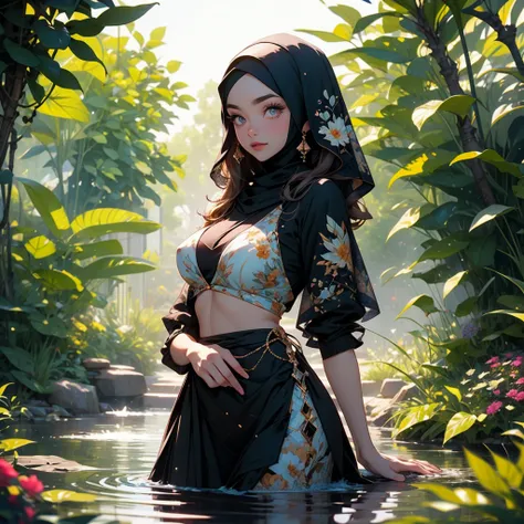 (a busty Malaysian woman, age 30, wearing a hijab and a crab-themed bikini) stands gracefully in a vibrant garden. She has expressive, beautiful eyes, detailed lips, and a warm smile on her face. With long eyelashes that enhance her captivating gaze, she e...