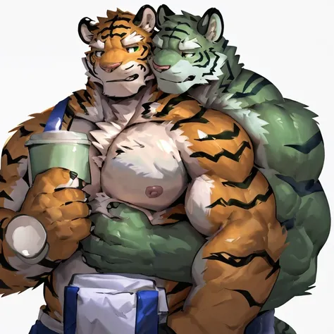 two muscular tiger , furry chest, muscular green tiger hug muscular tiger back, muscular green tiger stand behind, hug from behind, white background, perfect hand, perfect antomy, thick furry neck and chest fluff, handhold cup of coffee, kiss, hand into jo...