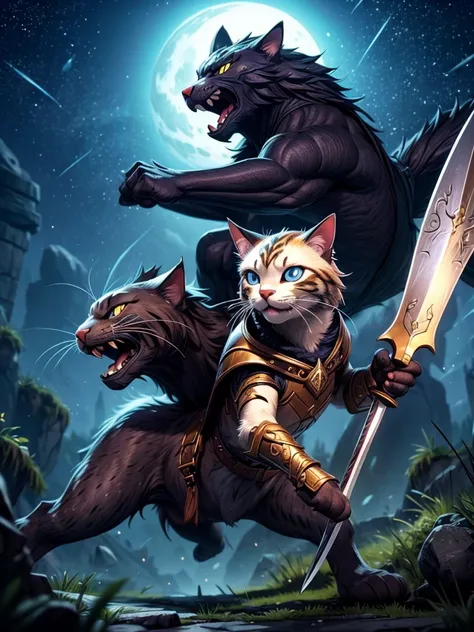 (best quality,4k,8k,highres,masterpiece:1.2),ultra-detailed,realistic,photorealistic:1.37,a heroic cat warrior in the night,cat warrior with shining armor, majestic cat with a sword,beautiful detailed armor,sharp focus, intense gaze,vivid colors,dramatic l...