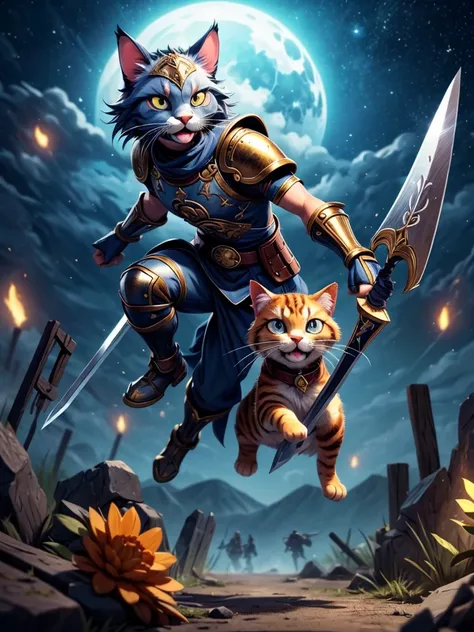 (best quality,4k,8k,highres,masterpiece:1.2),ultra-detailed,realistic,photorealistic:1.37,a heroic cat warrior in the night,cat warrior with shining armor, majestic cat with a sword,beautiful detailed armor,sharp focus, intense gaze,vivid colors,dramatic l...