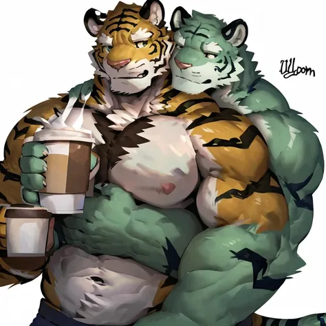 two muscular tiger , furry chest, muscular green tiger hug muscular tiger back, muscular green tiger stand behind, hug from behind, white background, perfect hand, perfect antomy, thick furry neck and chest fluff, handhold cup of coffee, kiss, hand into jo...