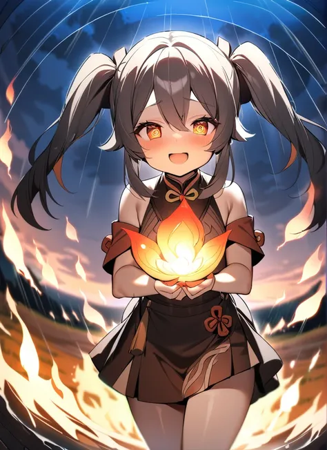 masterpiece, highest quality, 1 girl, futao (genshin impact) (cosplay),  Manjushaka, (fire:1.2) flowers, blurry, field, (water:1.2), bare shoulders, rain, moonlight, looking at the viewer, throw,  See-through, twin tails, Flower shaped eyes, laughter, Fish...