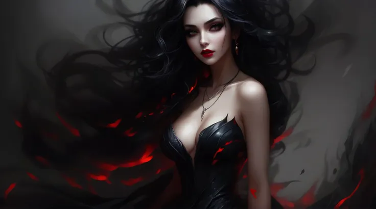 a close up of a woman with long black hair and a black dress, dark fantasy style art, beautiful elegant demon queen, artgerm. anime illustration, dark fantasy art, beautiful vampire queen, style artgerm, gothic fantasy art, fantasy dark art, beautiful succ...