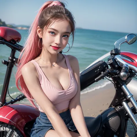 (highest quality:1.3、masterpiece:1.3)、ultra hd、(girl、solo)、atmospheric perspective、detailed face、blue eyes、Red ribbon and ponytail hair、pink lips、shiny skin、line of sight、mini skirt、riders jacket、Tank top、D cup bust、smile、earrings、cleavage、motorcycle、strad...