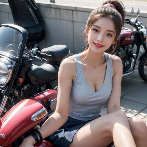 (highest quality:1.3、masterpiece:1.3)、ultra hd、(girl、solo)、atmospheric perspective、detailed face、blue eyes、Red ribbon and ponytail hair、pink lips、shiny skin、line of sight、mini skirt、riders jacket、Tank top、D cup bust、smile、earrings、cleavage、motorcycle、strad...