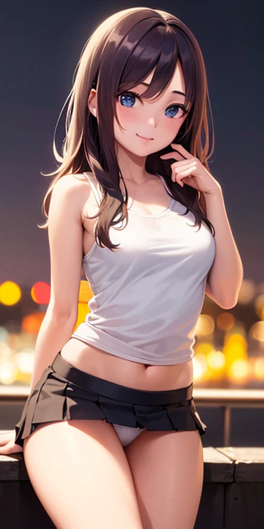 1 girl, tokyo street,night, cityscape,city lights,whole body 1.4,close,smile,, (8K, Raw photo, highest quality, masterpiece:1.2),(realistic, photo-realistic:1.37),white camisole,mini skirt,sit,panty shot,white panties,Lift up your skirt while wearing it,