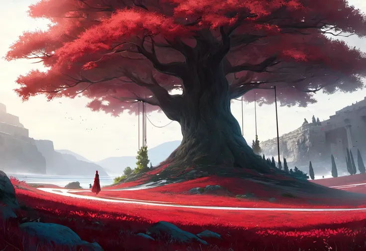 super high quality, hdri, beautiful and fantastically designed, deep crimson, beautiful and fantastic scenery, a medium size tree in the middle, in detail, cinematic parallax, creating scenes that blur the line between reality and the magic of Greek mythol...