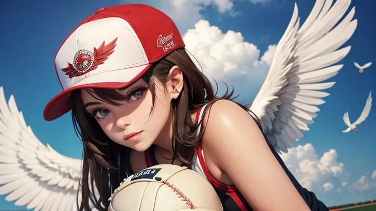 One feathered angel in a baseball cap.
