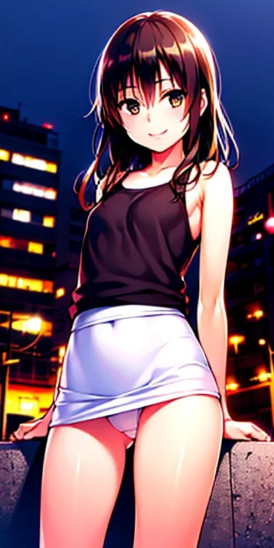 1 girl, tokyo street,night, cityscape,city lights,whole body 1.4,close,smile,, (8K, Raw photo, highest quality, masterpiece:1.2),(realistic, photo-realistic:1.37),white camisole,mini skirt,sit,panty shot,white panties,Lift up your skirt while wearing it,