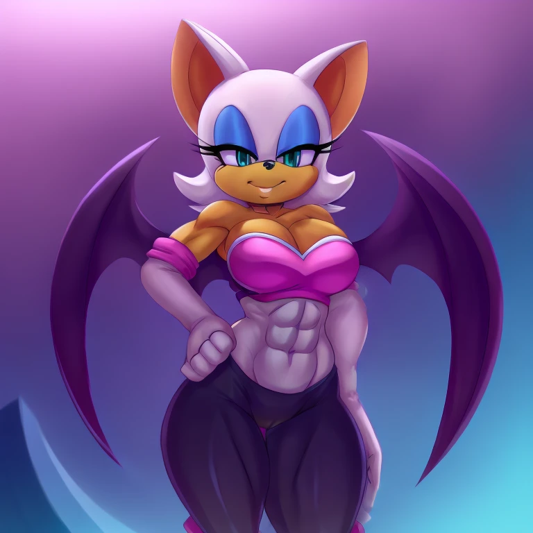 a digital artwork of rouge the bat with abs wearing a crop top of her original outfit with a bare midriff and a bare navel , dig...