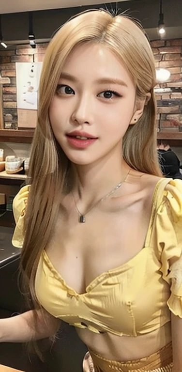 ((Midnight, Best quality, 8k, Masterpiece :1.3)), Whole body, Long legs, Sharp focus :1.2, A pretty woman with perfect figure :1.4, Slender abs, thigh :1.1, ((bright yellow hair, Big breasts :1.2)), (blouse, shorts skirt, hand on the table :1.2), ((coffee ...