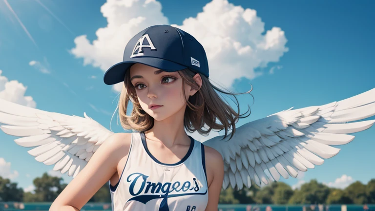 One angel with wings on both shoulders wearing a baseball cap.

