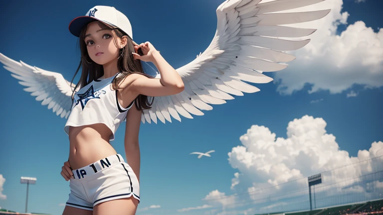 One angel with wings on both shoulders wearing a baseball cap.

