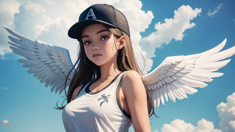 One angel with wings on both shoulders wearing a baseball cap.