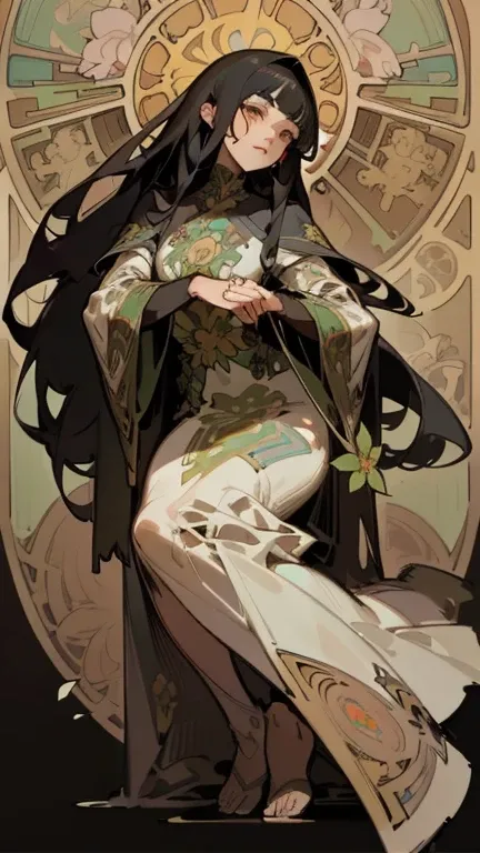  highest quality, High resolution, woman , at the cemetery, black hair, long hair, tattered clothes,, (Alphonse Mucha:1.10), detailed and beautiful eyes,very detailed, beautiful colors,  Flower of the other shore, full body、antique